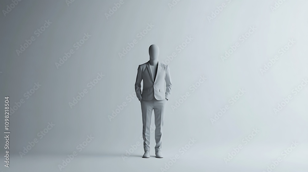 Fototapeta premium An empty light gray man suit mockup, designed in a minimalist style, standing upright against a clean white backdrop for a professional appearance.