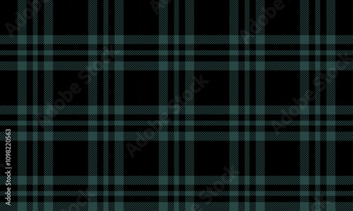 Plaid fabric pattern, black, green, distinctive lattice cross lines pattern, seamless for textiles, and for designing clothes, skirts or decorative fabrics. Vector illustration.