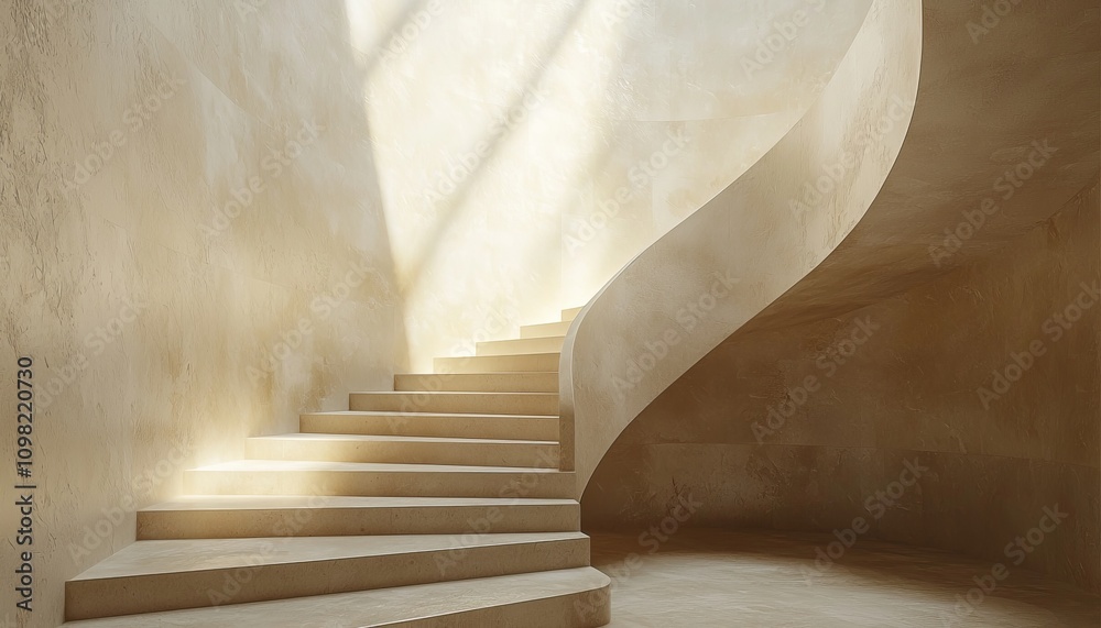 Naklejka premium A minimalist spiral staircase bathed in soft light, showcasing a serene and elegant architectural design.