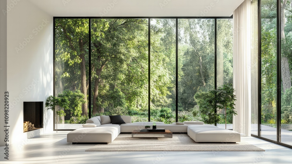 Fototapeta premium Modern living room design suburban home interior space nature view bright environment comfort and serenity