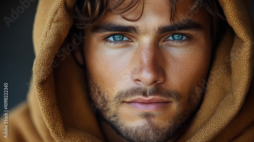 Close-up portrait of man with intense blue eyes and freckles, wearing a brown hooded coat, rugged and mysterious look, high-definition, dark and moody atmosphere photo