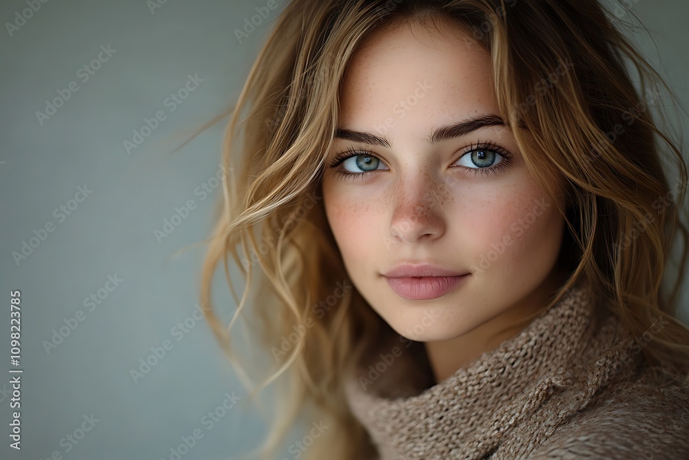 Naklejka premium Youthful Beauty Close-up, Natural Makeup, Peaceful Gaze