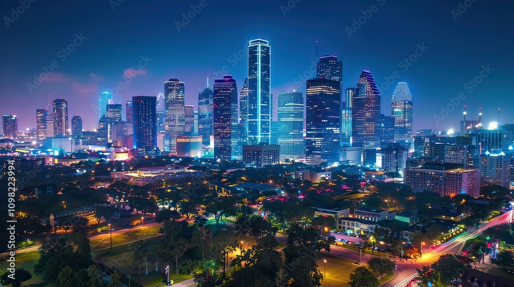 Obraz premium A vibrant cityscape at night with skyscrapers illuminated by lights.