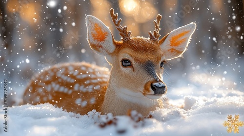 A young deer lying in the snow with snowflakes falling around it. photo