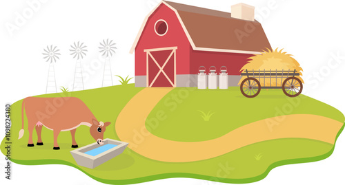 Farm Animals. Cute farm. A red cow drinks water in a farmyard. Collection of farm animals in a barnyard. Baby flat vector illustration.