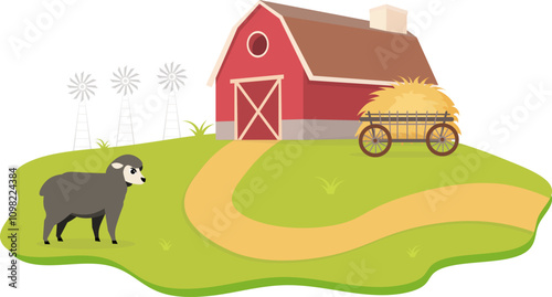 Farm Animals. Cute farm. Black sheep standing on farm yard.  Collection of farm animals in a barnyard.