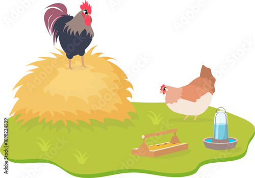 Farm Animals. Cute farm. Red hen and rooster on a haystack in a farmyard. Collection of farm animals in a barnyard. Baby flat vector illustration.