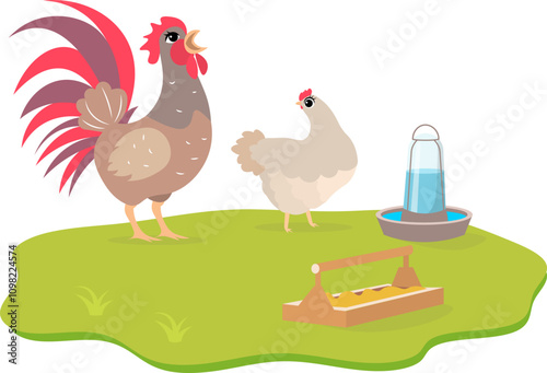 Farm Animals. Cute farm. White hen and crowing rooster in a farmyard. Collection of farm animals in a barnyard. Baby flat vector illustration.