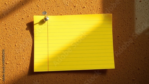 A blank yellow lined notepad pinned to a brown corkboard with a silver pushpin, with a shadow and a beam of sunlight on the note photo