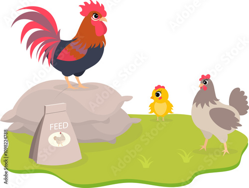Farm Animals. Cute farm. Rooster, hen and chick near bags of chicken feed in a farmyard. Collection of farm animals in a barnyard. Baby flat vector illustration.