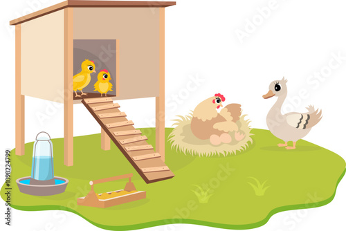 Farm Animals. Cute farm. Chickens in the coop, a broody hen and a duck in the farmyard. Collection of farm animals in a barnyard. Baby flat vector illustration.