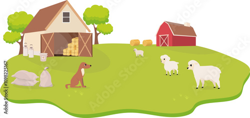 Farm Animals. Cute farm. Sheep and a dog in a farmyard. Collection of farm animals in a barnyard. Baby flat vector illustration.