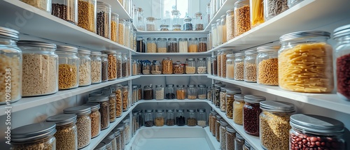 Neatly arranged glass jars of grains, pasta, and snacks on white pantry shelves, minimalist home design, organized kitchen, bright natural light, highquality textures photo