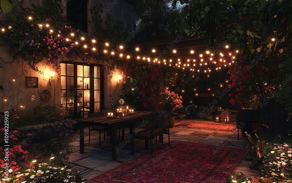 Obraz premium Outdoor dining area with string lights and blooming flowers