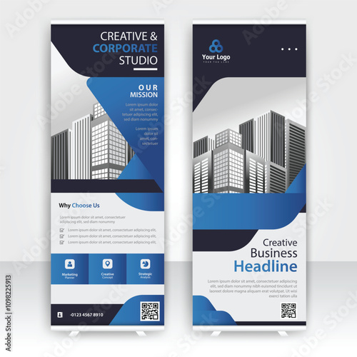 Creative corporate studio banners showcasing business strategy and annual report design in modern layout