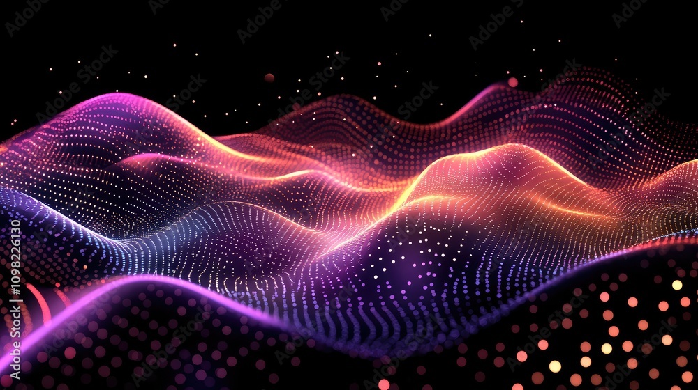 Fototapeta premium Lines of light and scattered data points creating a dynamic cyber pattern with neon highlights and shadowed areas