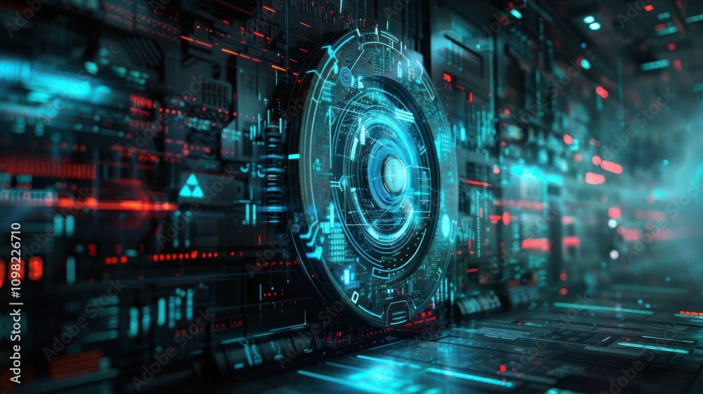 Fototapeta premium Futuristic digital interface featuring glowing circuits and a central circular element.