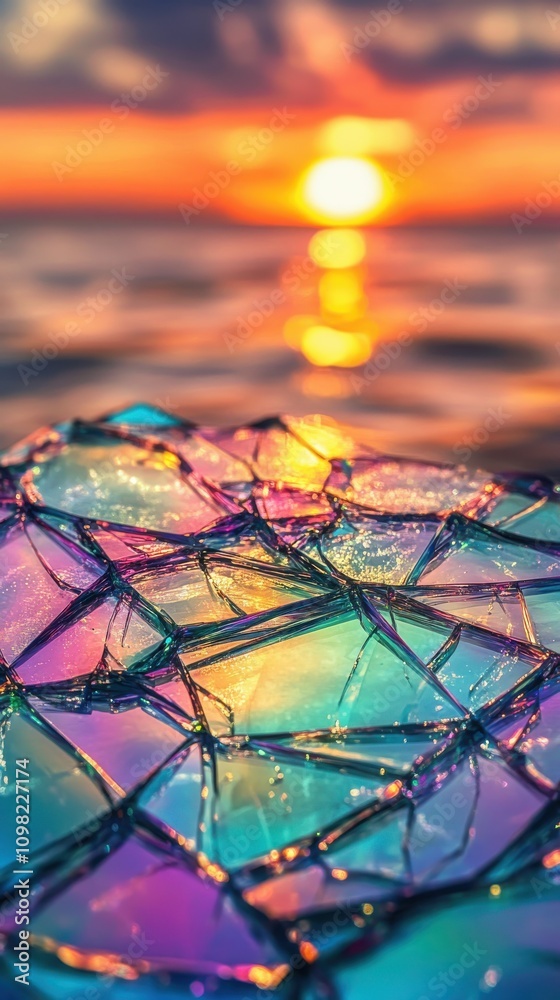 Fototapeta premium Colorful shards of glass catching sunlight over calm water at sunset.