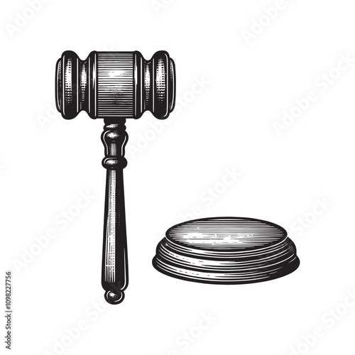 Judge's gavel. Vintage black vector engraving illustration, emblem, sketch, icon. Cut out, isolated.