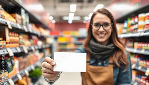 Happy customer showing a blank loyalty card at the supermarket isolated highlighted by white, png photo