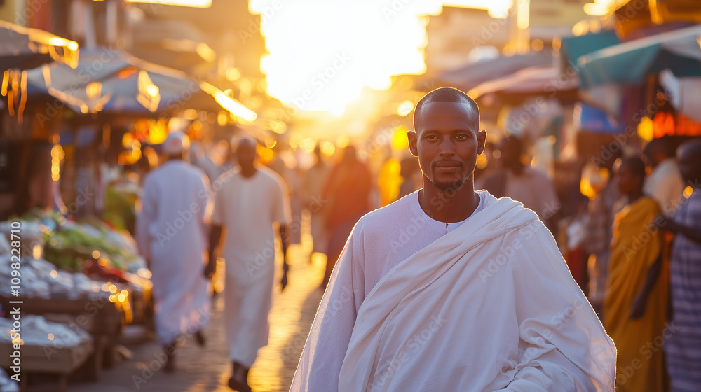 Fototapeta premium Serene Man in Marketplace with Vibrant Vendor Stalls and Sunset Glow