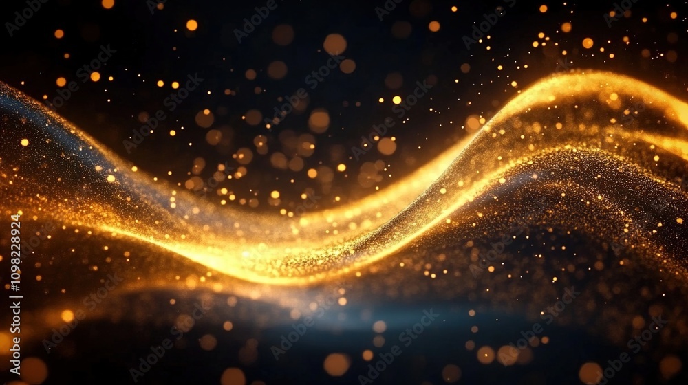 Obraz premium A Glimmering Golden Ribbon Swirling in the Air: A Luxurious Display of Light Particles Against a Dark, Majestic Background