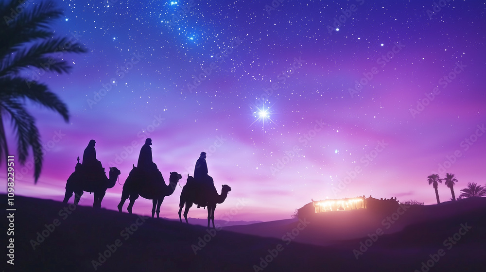 Fototapeta premium Three Wise Men Journey to the Stable Under Starry Sky