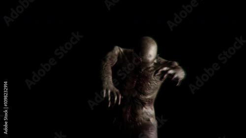 Creepy zombie with outstretched arms stumbling forward in a dimly lit, shadowy room. Seamless looping footage in ProRes 422 capturing the eerie movement and ominous ambiance.
