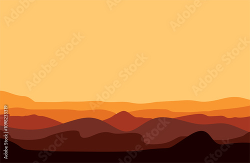 Panoramic silhouette of landscape mountains, vector illustration. Sand, dunes, beach, desert abstract template logo pattern of wavy lines in beige color. Logo template, icon, badge, pictogram, symbol,