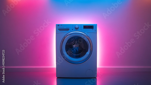 A white washing machine is centered against a pink and purple lit wall. photo