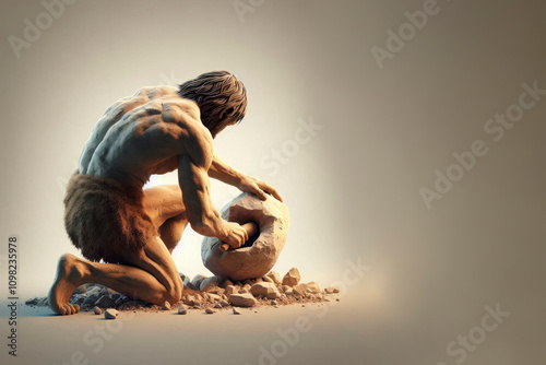 Primitive man working with stone. Space for text.