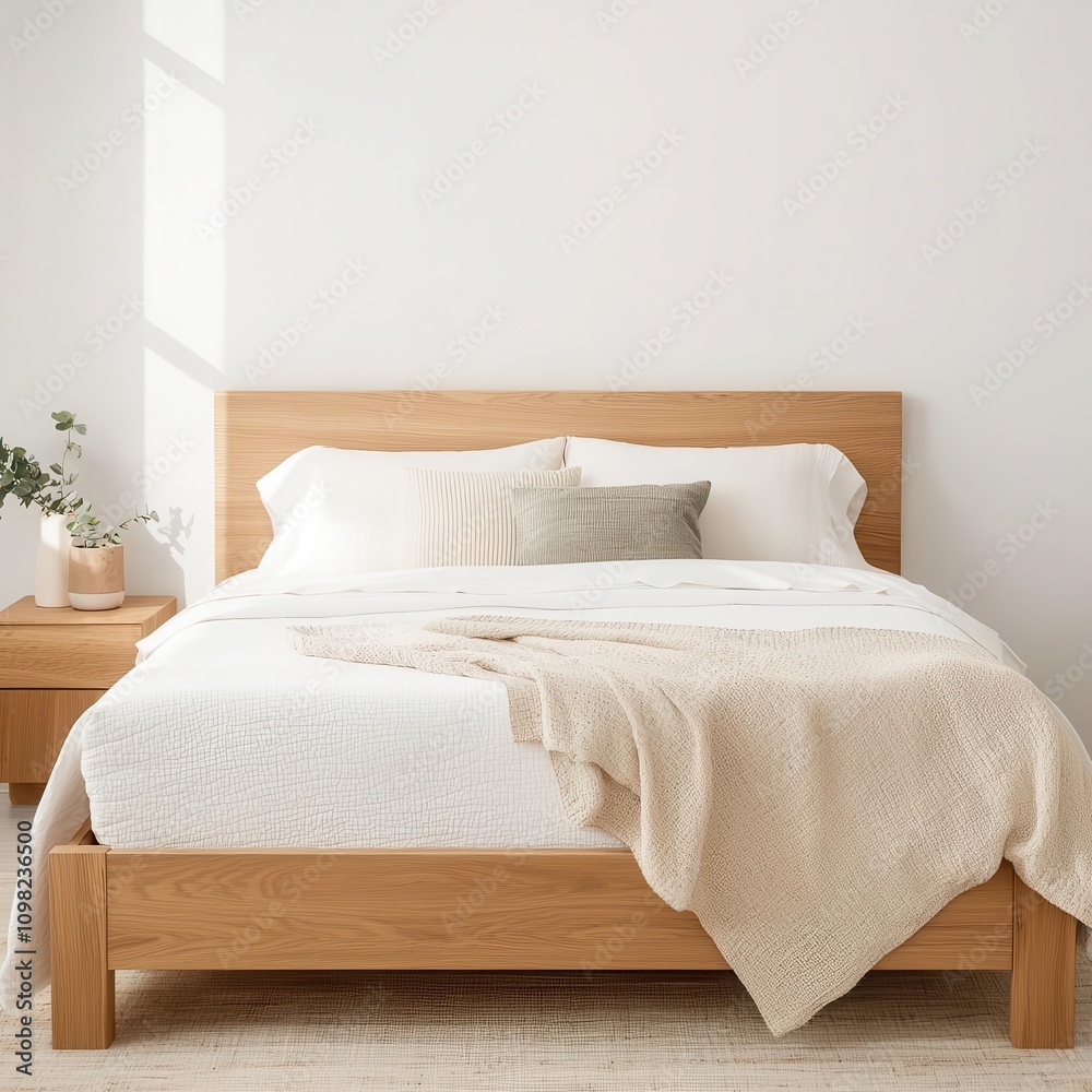Obraz premium A cozy, minimalist bedroom featuring a wooden bed, soft linens, and natural light creating a serene and inviting atmosphere.