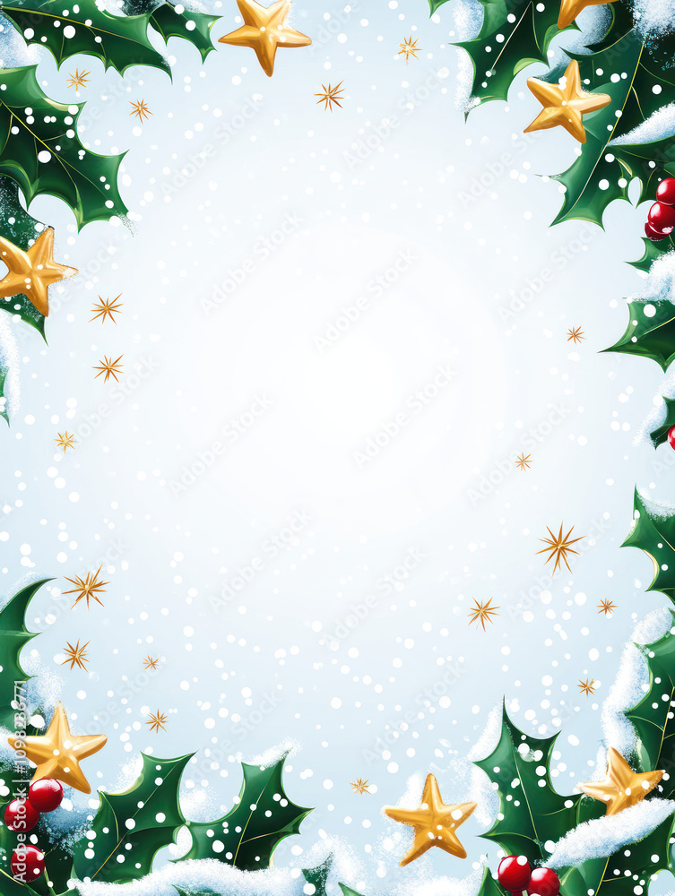 Fototapeta premium Festive Christmas Wreath Decoration with Snowy Background and Golden Stars, Perfect for Holiday Text and Greeting Cards Design