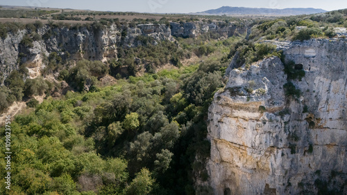 Rocky canyon with densely vegetated bottom among flat countryside on sunny day, Puglia, Italy