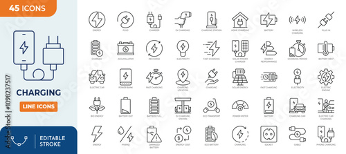 Charging line editable icon set. Containing charge, battery, energy, electricity, charger, recharge, electric car and charging station icons. Editable stroke. Vector illustration	
