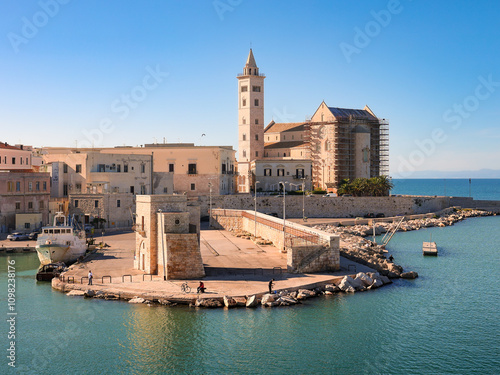 Ancient city on Mediterranean coast with big cathedral in romanesque style, Trani, Puglia, Italy
