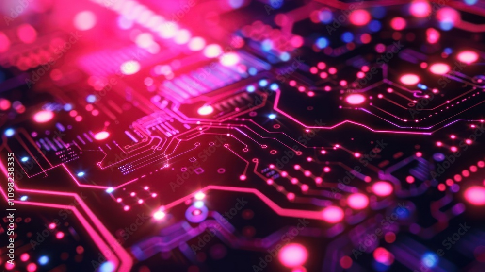 Obraz premium Abstract close-up of a colorful circuit board with glowing elements.