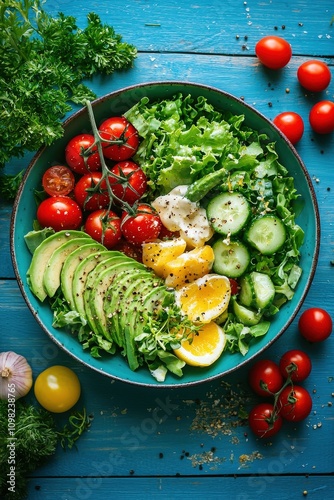 Vibrant Bowl Filled with Fresh Mixed Greens, Cherry Tomatoes, Cucumber, Avocado, and Citrus on a Bright Blue Wooden Surface photo