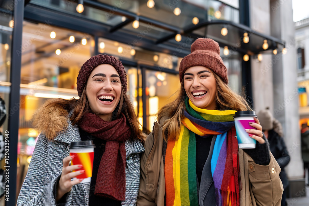 Fototapeta premium LGBTQ Couple on a during the winter, A queer couple holding hands and enjoying a sunny winter day