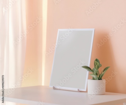 Mockup interactive concept. A minimalist scene featuring a blank frame on a table beside a potted plant, with soft natural light and a pastel background.