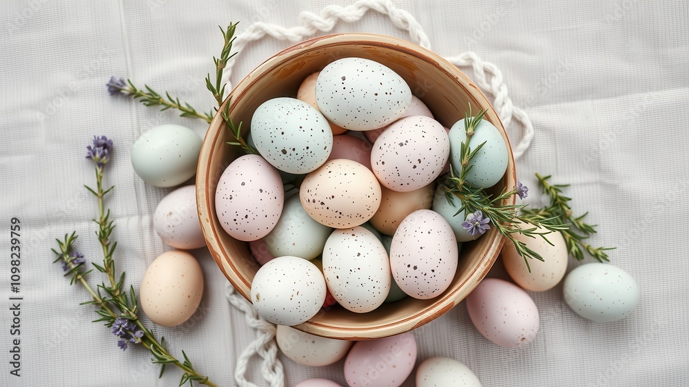 Obraz premium A delicate collection of speckled Easter eggs nestled in a rustic bowl, adorned with sprigs of rosemary and lavender, evokes a sense of springtime joy.