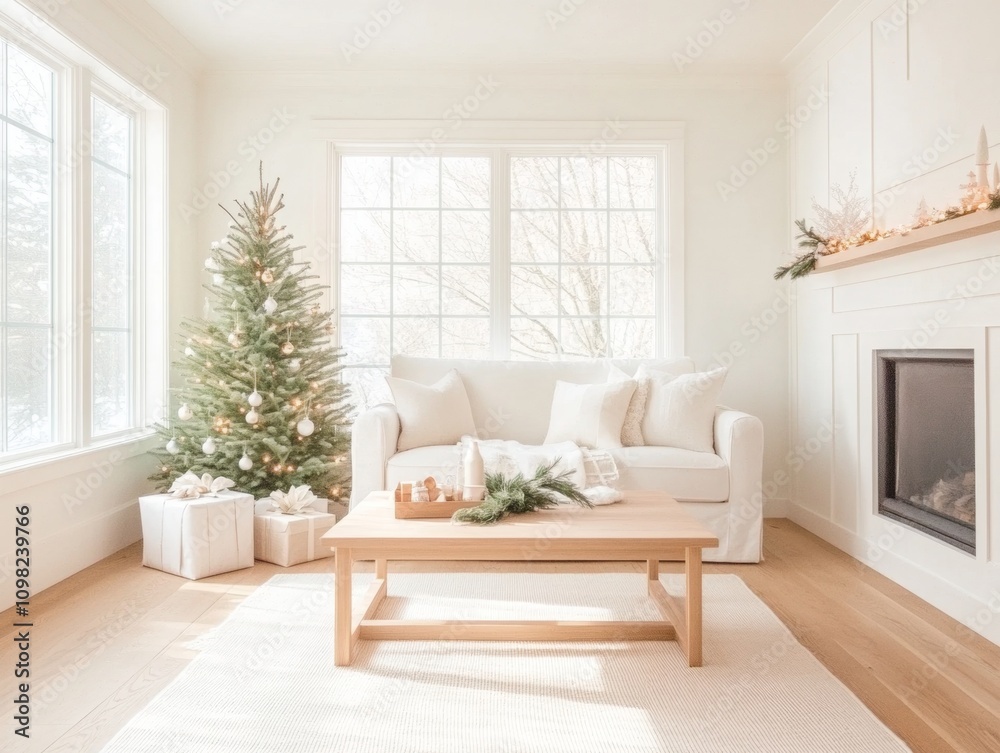 Fototapeta premium Cozy Christmas Living Room with White Sofa and Decorated Tree