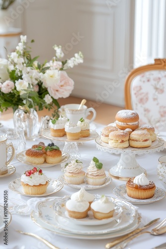 Wallpaper Mural Elegant Dining Table Set with Sophisticated Cupcakes and Floral Arrangements for a Charming Gathering or Afternoon Tea Experience Torontodigital.ca