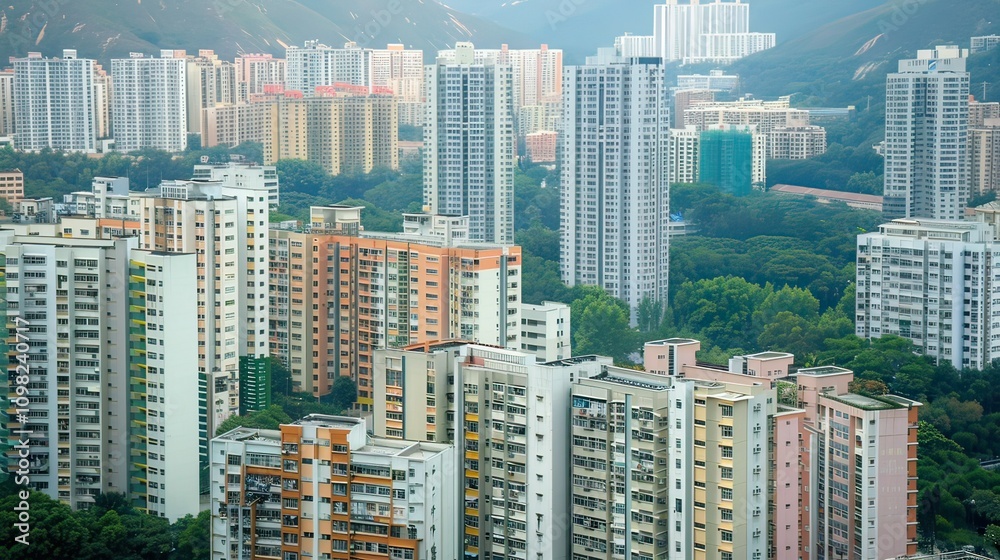 Fototapeta A densely packed city area with residential and commercial buildings.