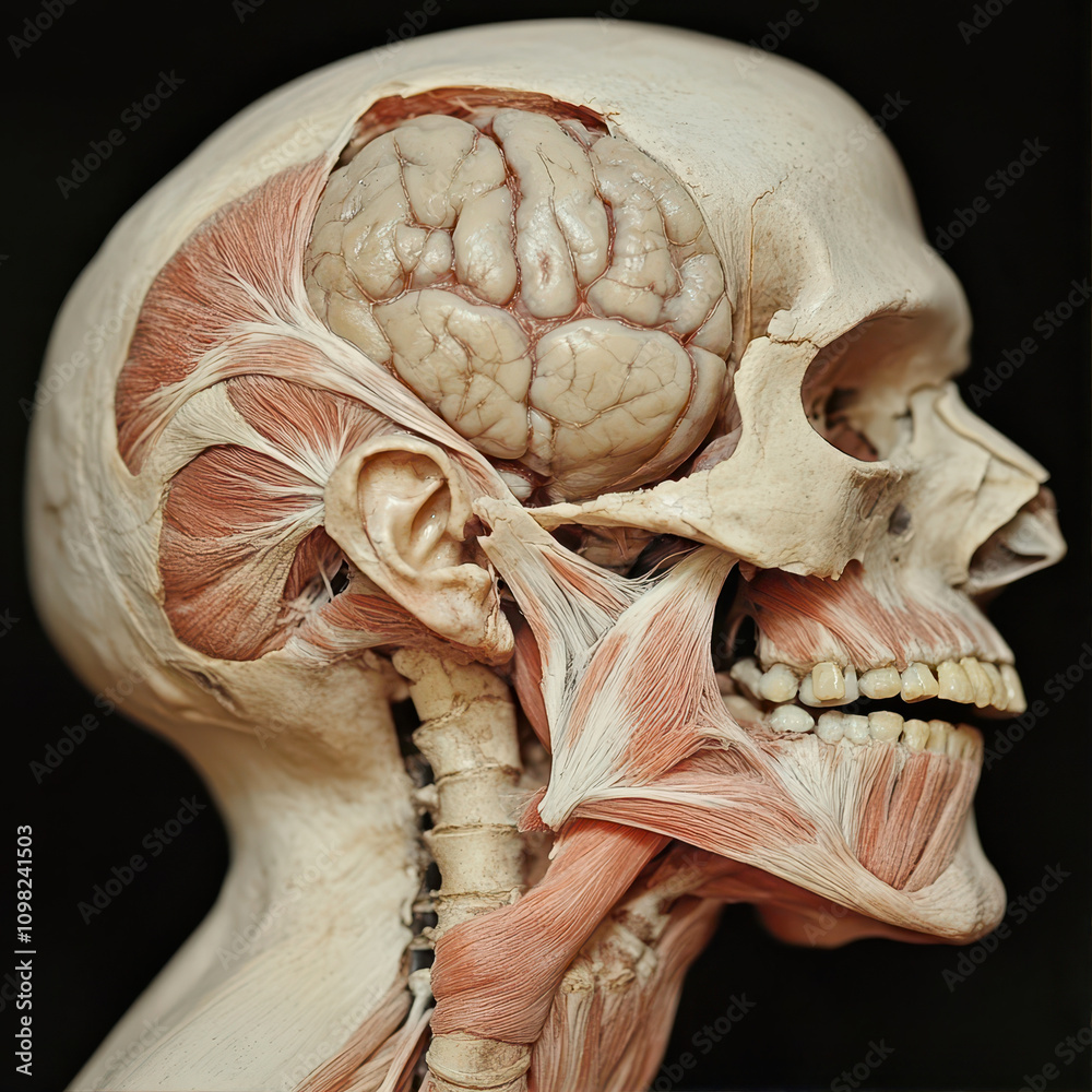 Obraz premium Suboccipital Tendons Attach to Dura in Human Anatomy Model Showing Muscle and Brain Structure