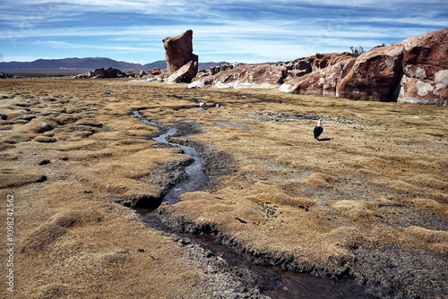 Unique Rock Formations Framing a Desert Lagoon - Villamar Mallcu, Colcha K, Uyuni, Bolivia