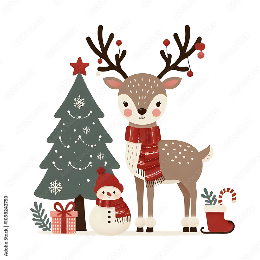 Fototapeta premium Beautiful Christmas Deer cartoon with olaf tree gift box and sock