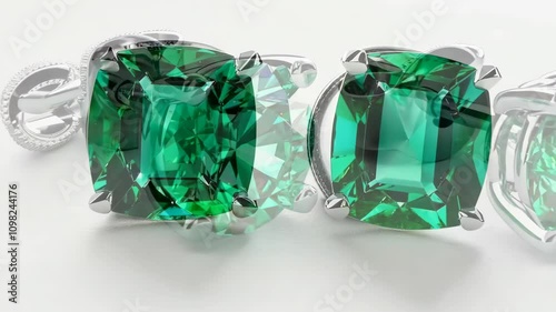 Shiny diamond earrings with emeralds on white background, 4K hyperrealistic Video