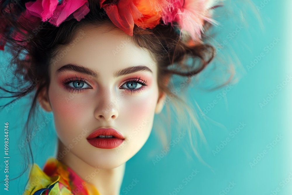Naklejka premium Beautiful Woman with Flower Crown Makeup Teal Background