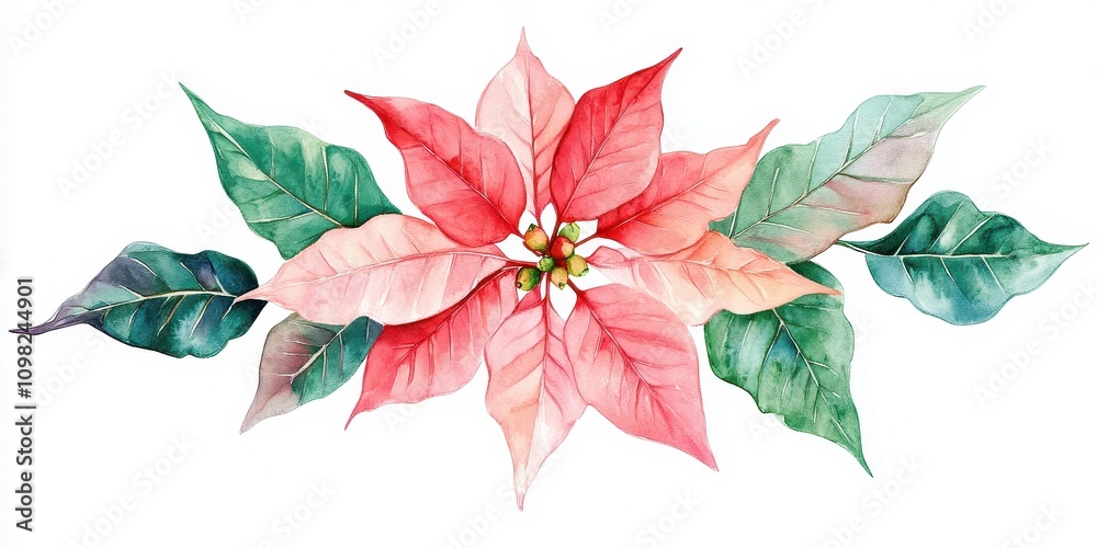 Fototapeta premium A vibrant watercolor illustration of a poinsettia flower with pink and green leaves, perfect for holiday decor and seasonal designs.